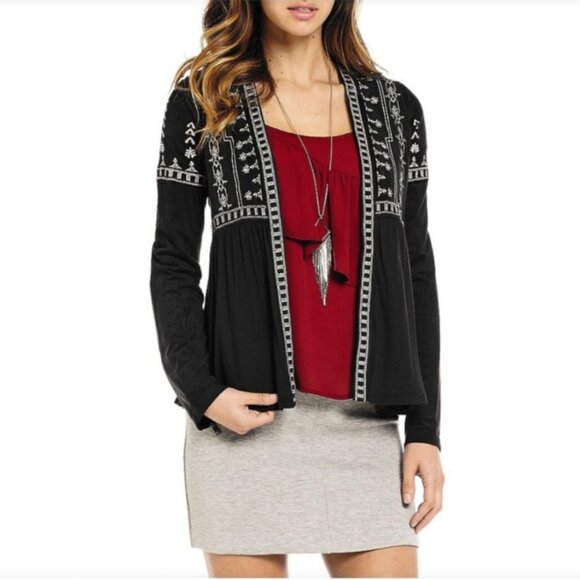 Gianni Bini Black Faux Suede Cardigan Jacket Size XS Boho Embroidered - Picture 1 of 10